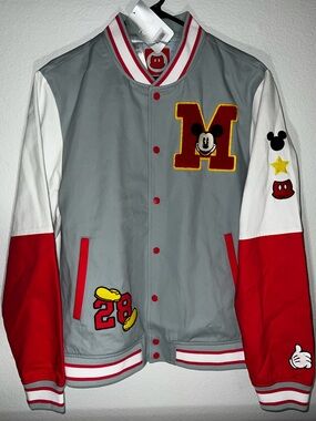 Disney Gray, Red & White Mickey Letterman Jacket